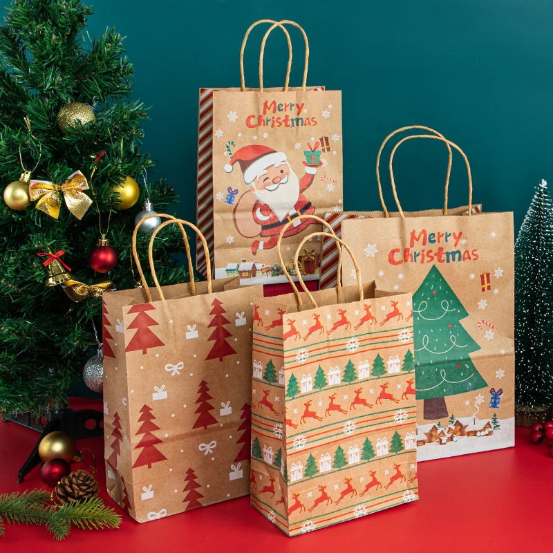 StoBag, Merry Christmas, Reusable Kraft Paper Bags, for packing gifts, goodies, Santa, Snowman pattern, Party Supplies, 12/30pcs