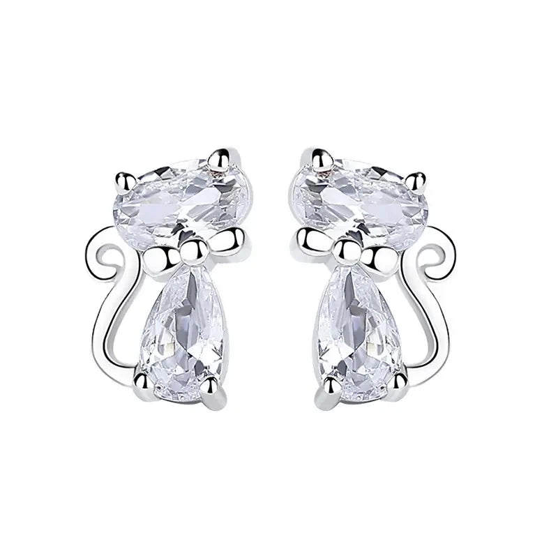 Huitan 925 Sterling Silver Cute Crystal Zircon Cat Stud Earrings for Women Simple Sweet Animals Accessories Daily Party Jewelry