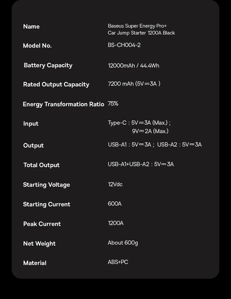 Baseus 1200A Car Jump Starter Power Bank 12000mAh Portable Battery Station For 2.5L/6L Car Emergency Booster Starting Device