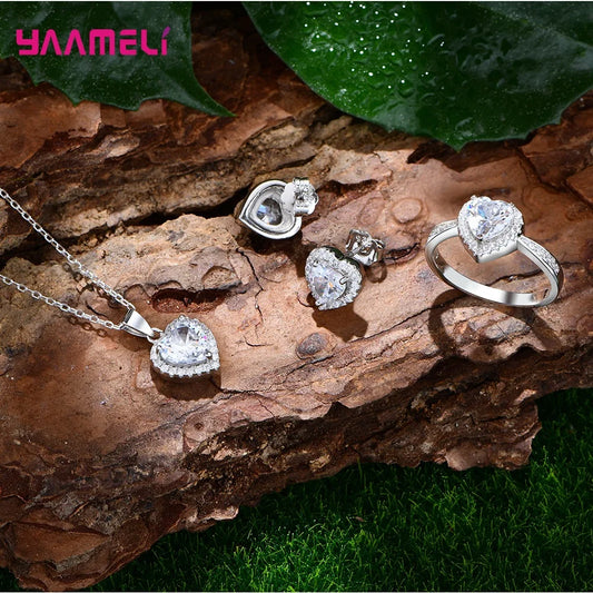 Romatic Birthday Valentines Day Gift Luxury 925 Sterling Silver Color Jewelry Sets Cubic Zircon Heart Ring Necklace Earrings