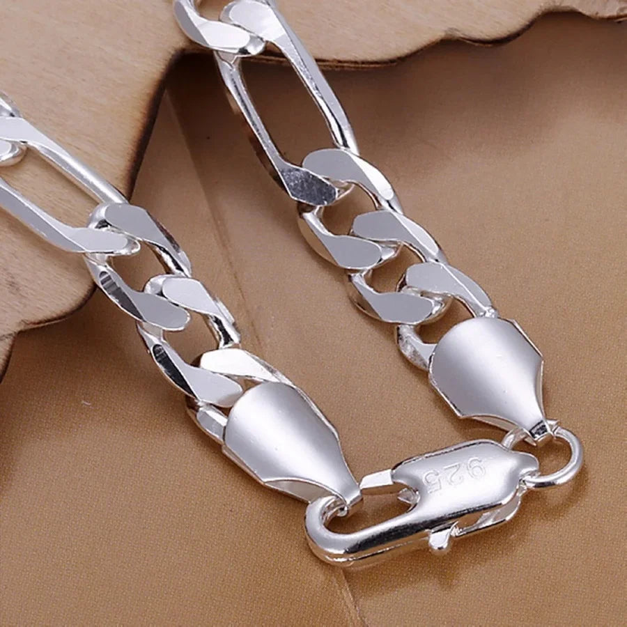 Fine 925 Sterling silver bracelets 6-8mm Women Men chain wedding fashion top quality Silver Jewelry Figaro 20cm