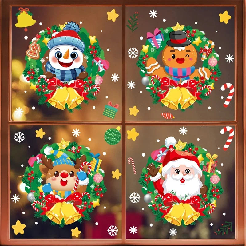 Merry Christmas 2024 Window Decoration Stickers Electrostatic Glass Decals Santa Claus Snowman Snow Flake Pattern Xmas Ornaments