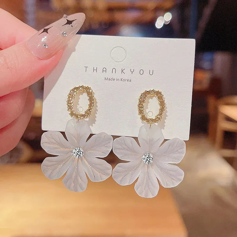 Bulbusbow Translucent White Flower Hanging Earrings – Rhinestone Ball Drop Earrings for Women | Cute Romantic Acrylic Plant Pattern Designs