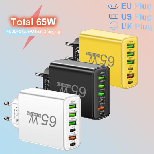 USB 充电器 65W 手机充电器快速充电适用于小米三星华为 P70 旅行充电器适配器适用于 iPhone 快速充电器