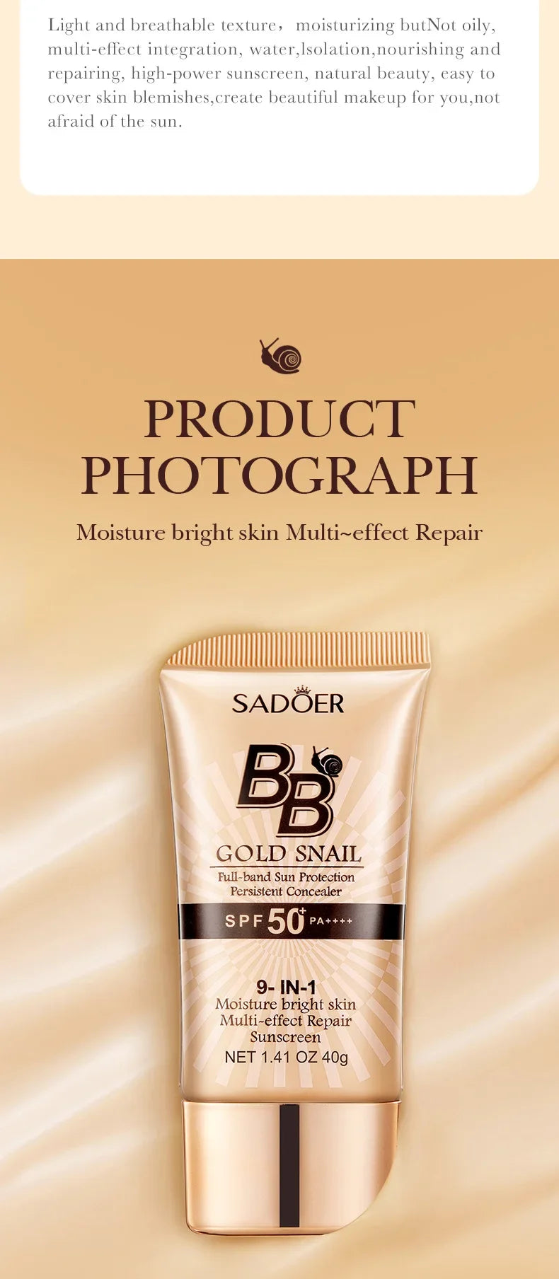 SPF50+ Gold Snail Sunscreen BB Cream Whitening Foundation Concealer Moisturizing Long Lasting Even Skin Tone Makeup Base Primer