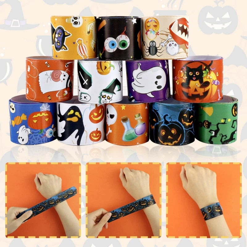 48pcs Halloween Clap Circle Pumpkin Witch Bat Slap Bracelets Ghost Festival Decor Happy Helloween Party Supplies Trick Or Treat