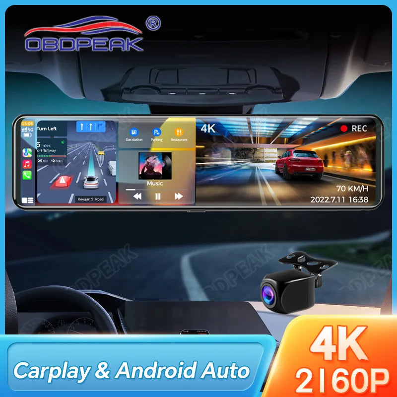 OBDPEAK K4 11.26" Rearview Mirror Dash cam Carplay Android Auto 4K 3840*2160P WIFI GPS Navigation Video Recorder Car DVR Camera