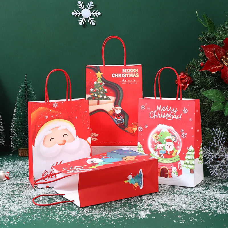 Bulbusbow Christmas Kraft Paper Bags 2024 New Year Cute Santa Claus Gift Box Holiday Party Children Candy Cookie Packaging Bag with Handle