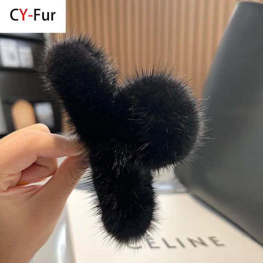 Real Mink Fur Barrettes Winter Fluffy Hair Claw Elegant Acrylic Hairpins Clip Crab Headwear for Women Girls Hair Accessories