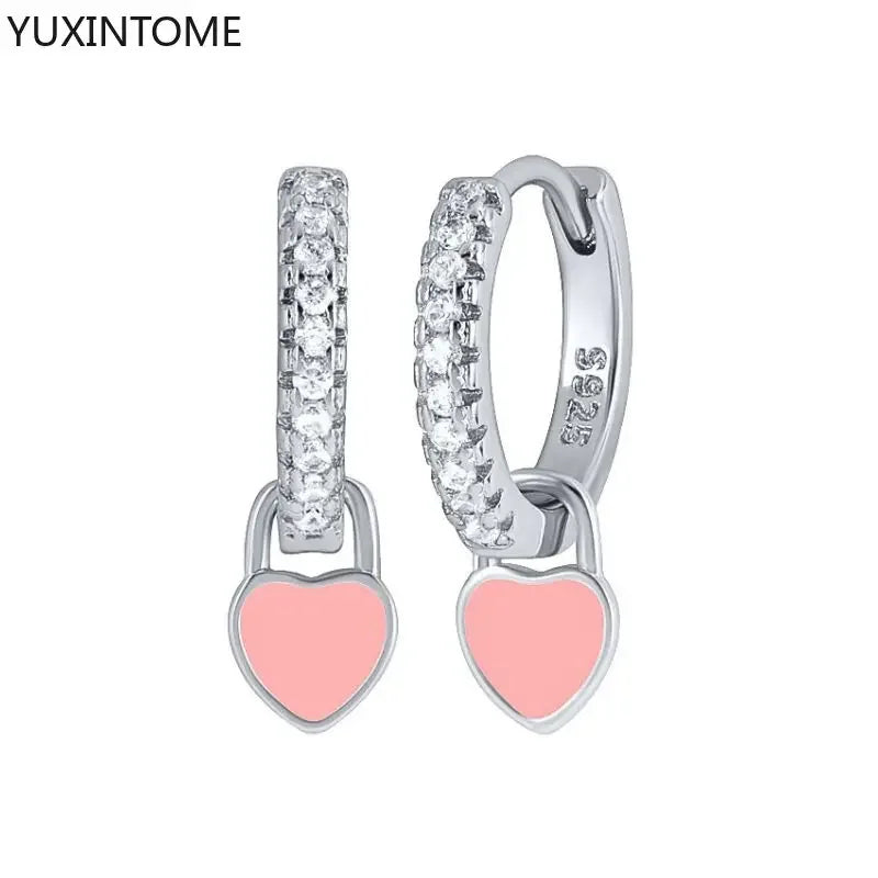 Bulbusbow 925 Sterling Silver Pink Crystal Heart Hoop Earrings – Elegant Geometric Pendant for Women