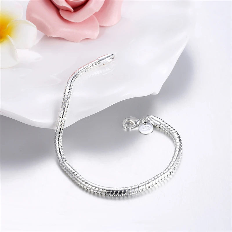 LiHong 925 Sterling Silver 3mm Snake Chain 8 inches Basis Bracelet For Woman Charm Wedding Engagement Fashion Party Jewelry