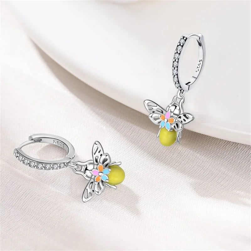 Bulbusbow Luminous Shell Women Earrings Original 925 Sterling Silver Pave CZ Star Moon Hoop Earrings Engagement Wedding Jewelry