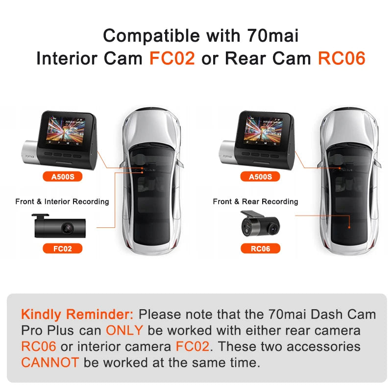 70mai A500S Recorder Car DVR Front Cam A500S 1944P Night Vision 70mai Dash Cam Pro Plus Built-in GPS Wifi Support Rear Cam