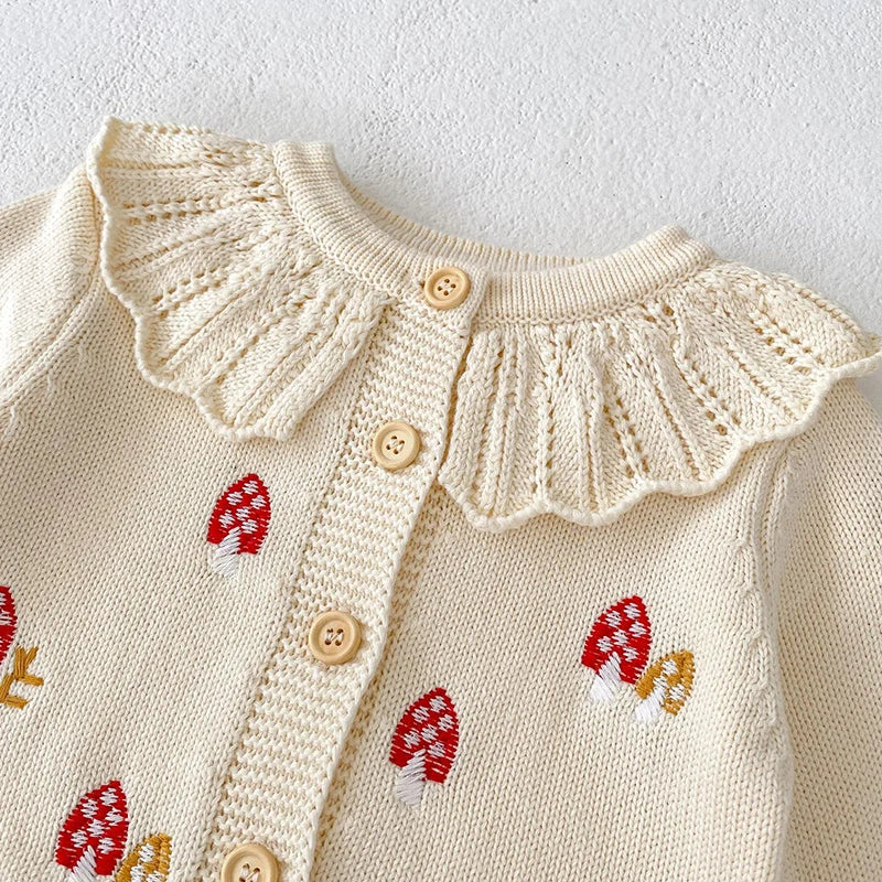 Baby Girl Knit Cardigan  0-3Y | Autumn Winter Cotton Sweater with Embroidered Mushrooms | Toddler and Kids Girls' Coat