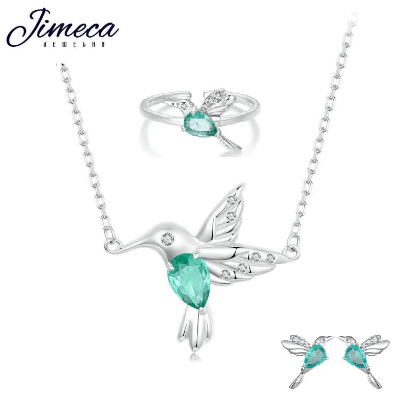 Humming-bird Charms jewelry set Silver 925, daughter's birthday gift, Daily Open ring/Necklace/stud earrings Sterling for girls,