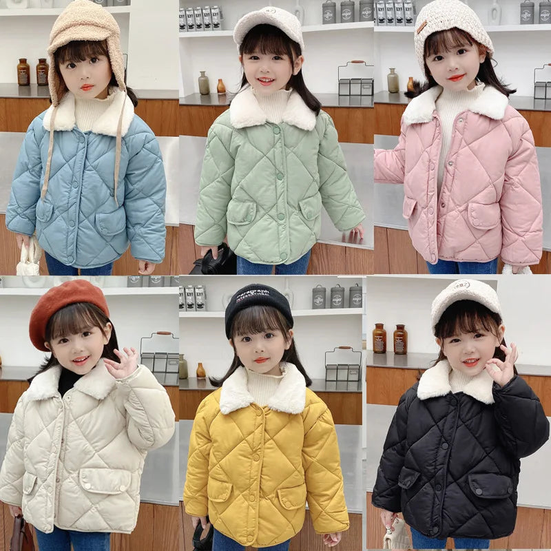 Winter Girl Baby Thick Cotton Jacket Rabbit Fur Collar Coat Short Quilted Jacket Boy Warm Outerwear Kids Outdoors Casual Clothes