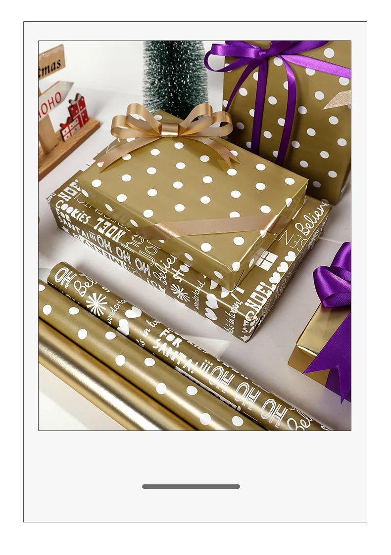 17" X 120" Wrapping Paper Roll Gold Dots Metallic Color with Snowflake Xmas Tree Gifts Pattern for Christmas Birthday Party