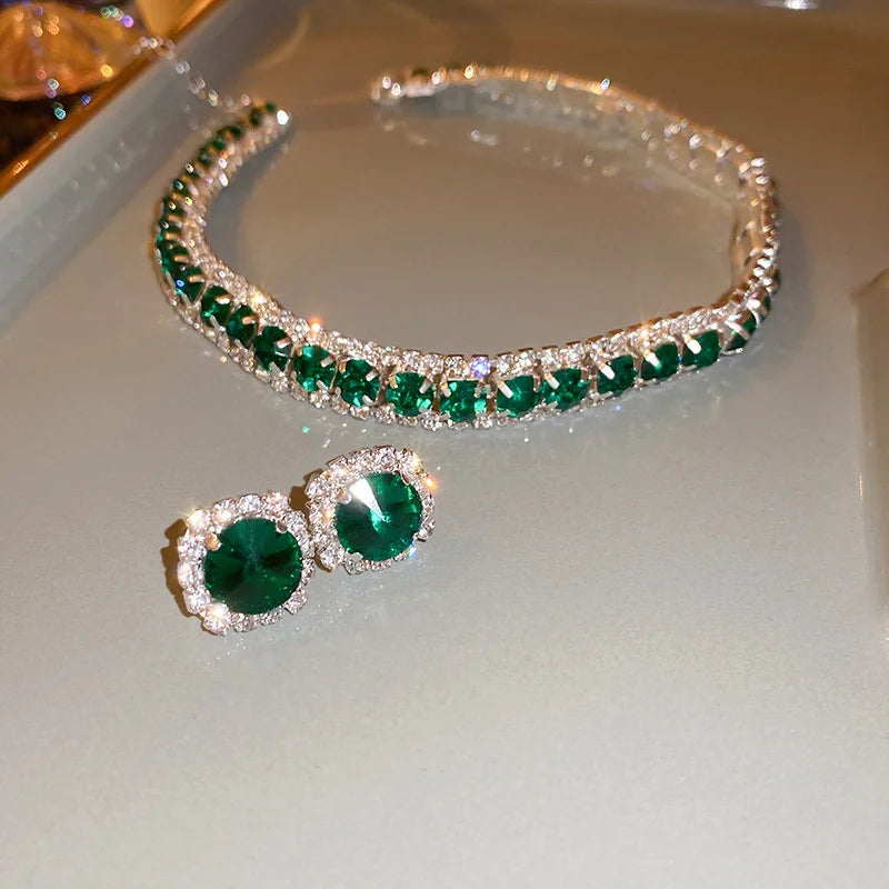 FYUAN Luxury Necklace Earrings Sets Green Crystal Necklace Women Weddings Bride Jewelry Accessories