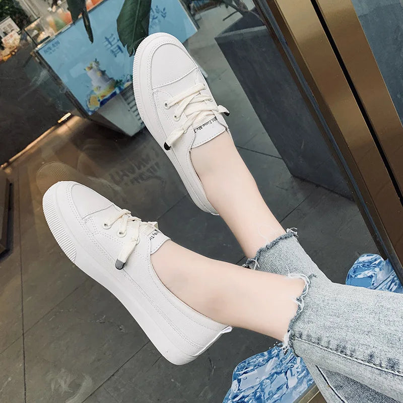 Women Leather Sneakers White Flat Casual Shoes Lace-up Comfortable Walking Shoes High Quality Ladies Sports Footwear