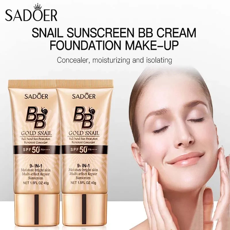 SPF50+ Gold Snail Sunscreen BB Cream Whitening Foundation Concealer Moisturizing Long Lasting Even Skin Tone Makeup Base Primer