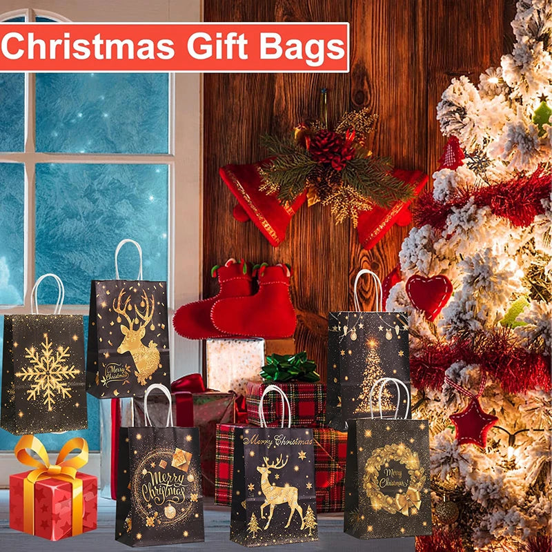 12/24pcs Gold Black Kraft Gift Bags with Handle Elk Snowflake Christmas Tree Bronzing Paper Bag Merry Christmas Party Favors Bag