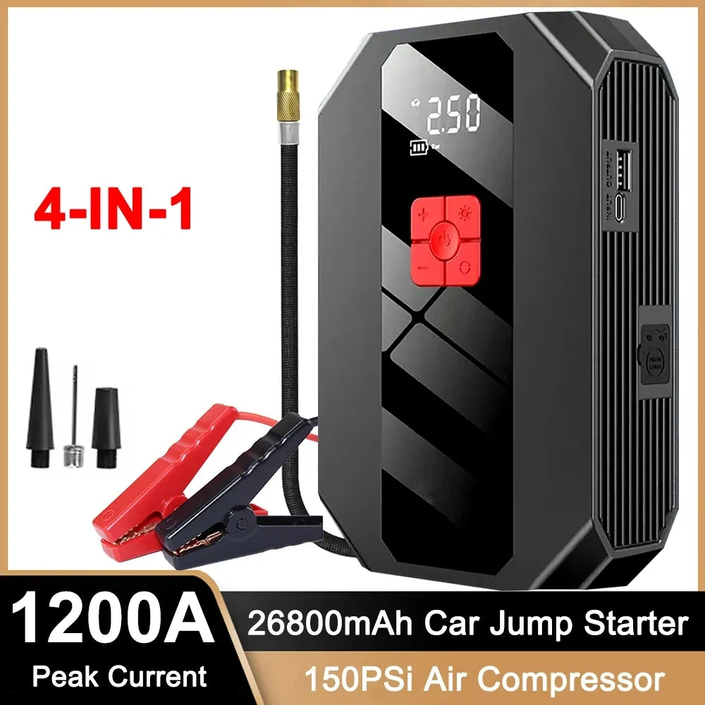 New 1200A 26800mAh Car Jump Starter 4 In 1 Pump Air Compressor Starting Device Power Bank 12V Digital Tire Inflator 150PSI