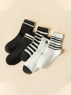 5 pairs of women's black and white striped socks, sports socks,  Crew socks, soft women's socks, cute socks, fashion socks