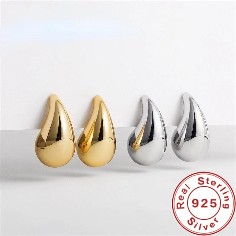 925 Sterling Silver 18K Gold Plated Chunky Dome Water Drop Earring for Women Vintage Glossy Thick Teardrop Hoop Earrings Jewelry