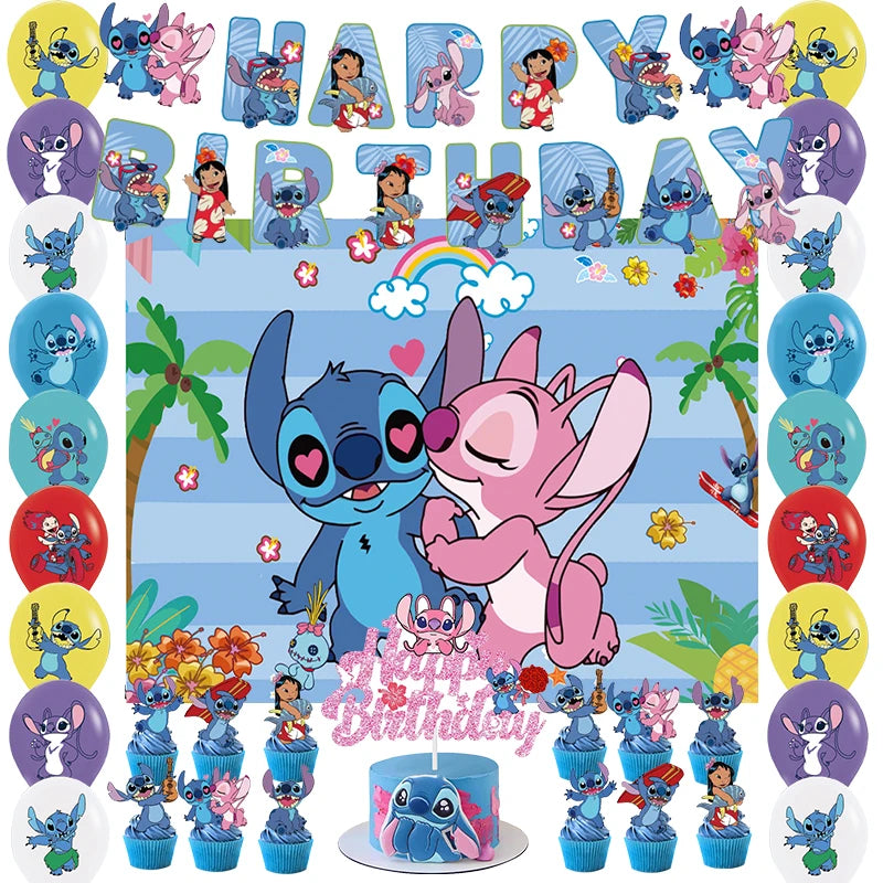 Stitch Disney Birthday Party Decorations Lilo And Stitch Balloons Backdrop Tableware Set Plates Cup Tablecloth Child Supplies