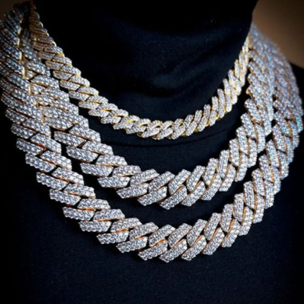 قلادة رجالية من سلسلة كوبية مرصعة بأحجار الراين من Iced Out Bling AAA مكونة من صفين من سلسلة كوبية مرصعة بالكريستال ومجوهرات الهيب هوب مقاس 13/14/20 مم