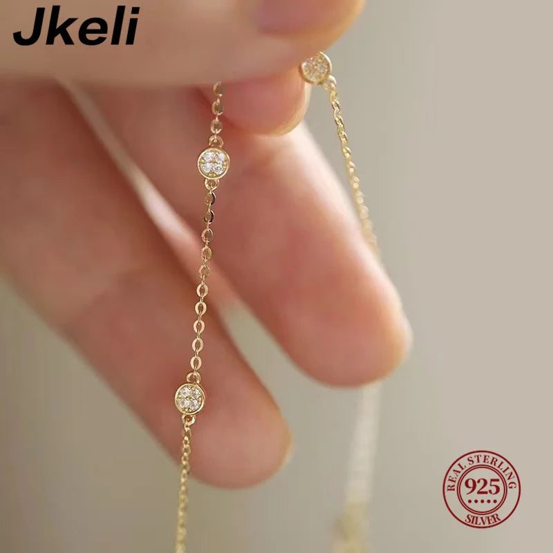 Jkeli Real 925 Sterling Silver Zircon Round 14K Gold Plated Charm Bracelet For Women Party Classic Minimalist Fine Jewelry