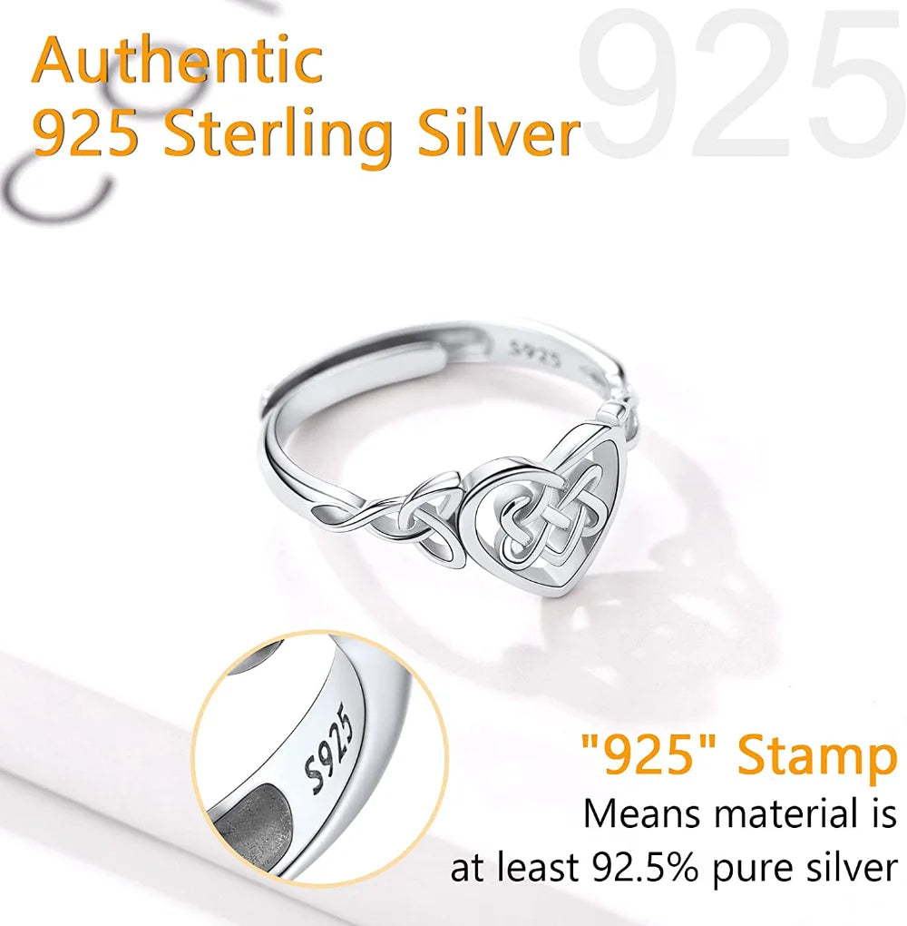 PROSILVER 925 Sterling Silver Celtic Heart Rings for Women Girl Stylish Stackable Irish Love Knot Open Ring Fashion Jewelry Gift