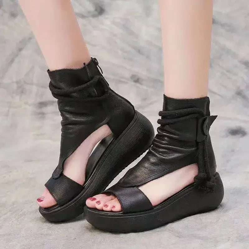 Ladies Vintage PU Leather Cool Boots Fashion Women Sandals Summer Mid Heels Wedges Shoe Sandalias Mujer Sapato Feminino