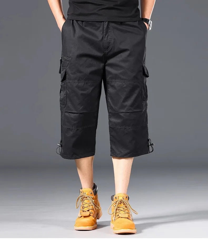 Summer Men's Cargo Shorts Loose Casual Below Knee Pants Elastic Waist Plus Size Outdoor Jogging Tactical Capri Pants