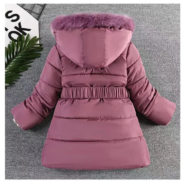 Autumn Winter Kids Girls Long Sleeve Jacket Plush Collar Hooded Padded Lining Coat For Children Warm Thicken Outwear 3 To 10 Yrs