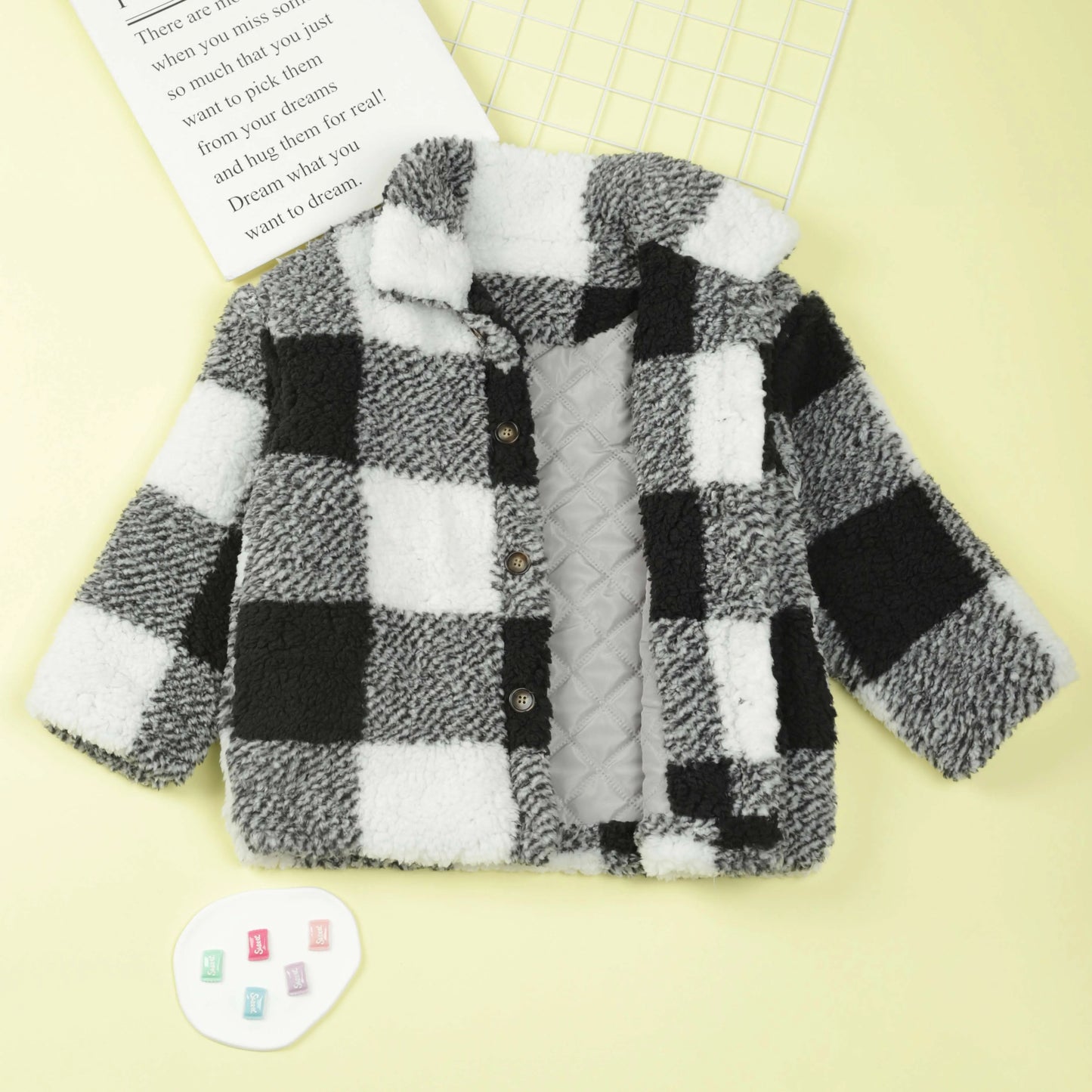 Teen/Kids Girls Stylish Plaid Pattern Teddy Jacket With Button Down Collar, Soft And Warm