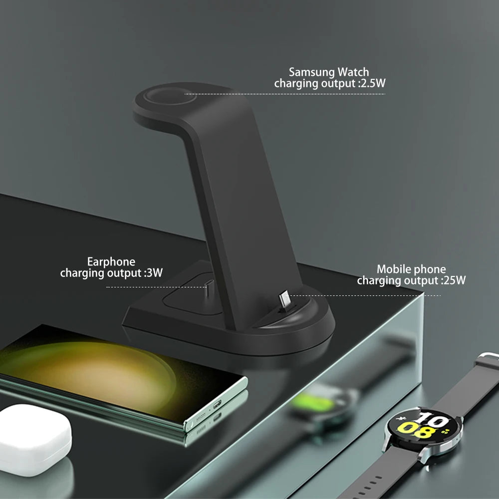 25W 超快速无线充电器三合一适用于三星 S24 S23 Ultra S22 S21 S20 Galaxy 5 4 3 Active 手表耳塞充电站