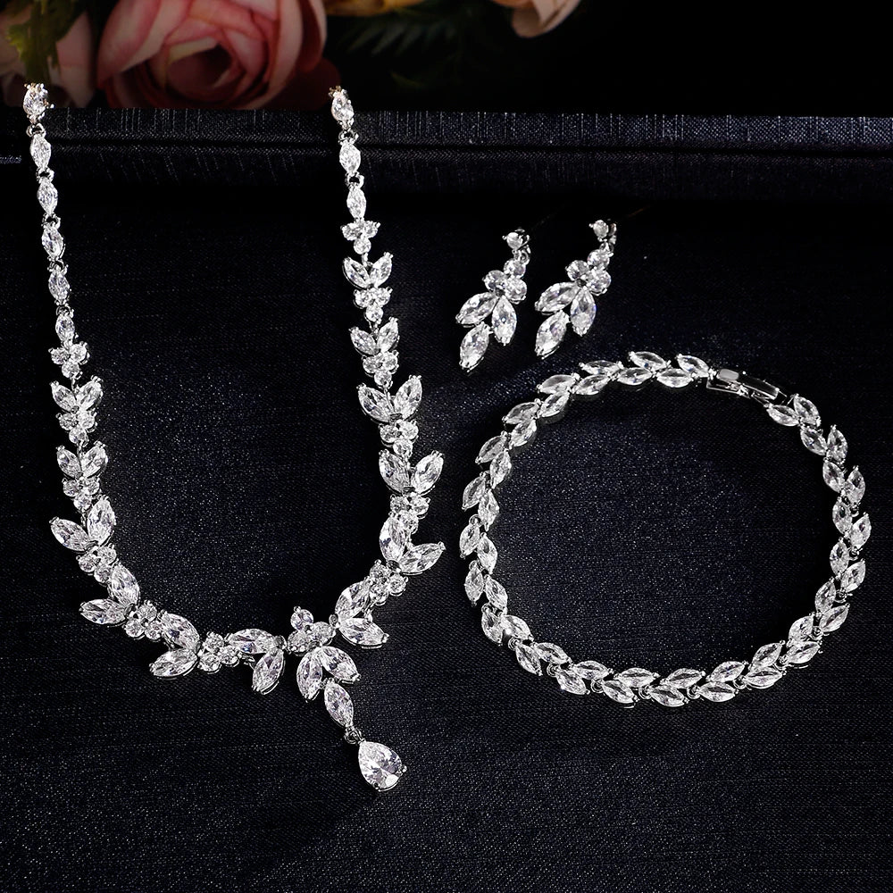 ZAKOL Luxury Brilliant Zirconia Leaf Necklace Earrings Rings Bracelets Set for Women CZ Drop Bridal Wedding Jewelry Sets