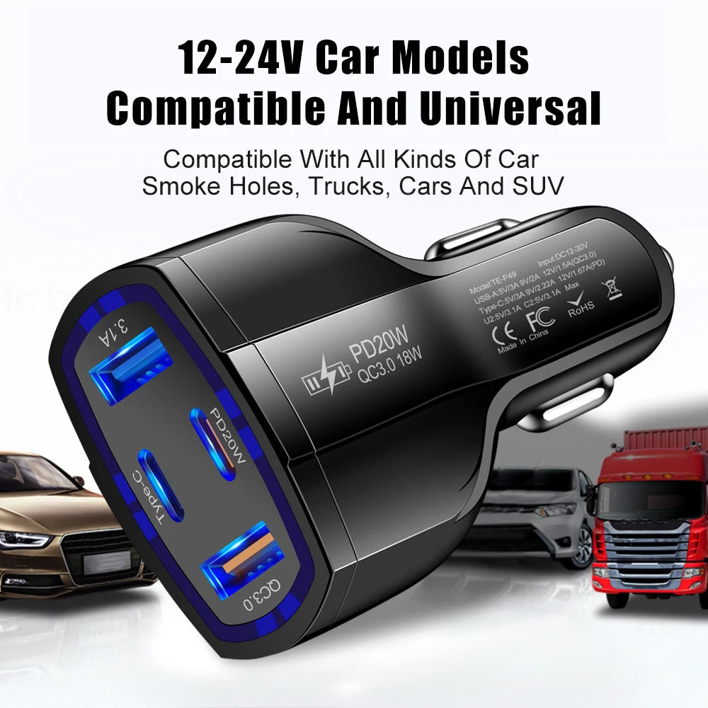 38W Mini Car Charger 4in1 Cell Phone Charger 2USB+2PD Fast Charging Cars Cigarette Lighter for IPhone Samsung Auto Fast Charging