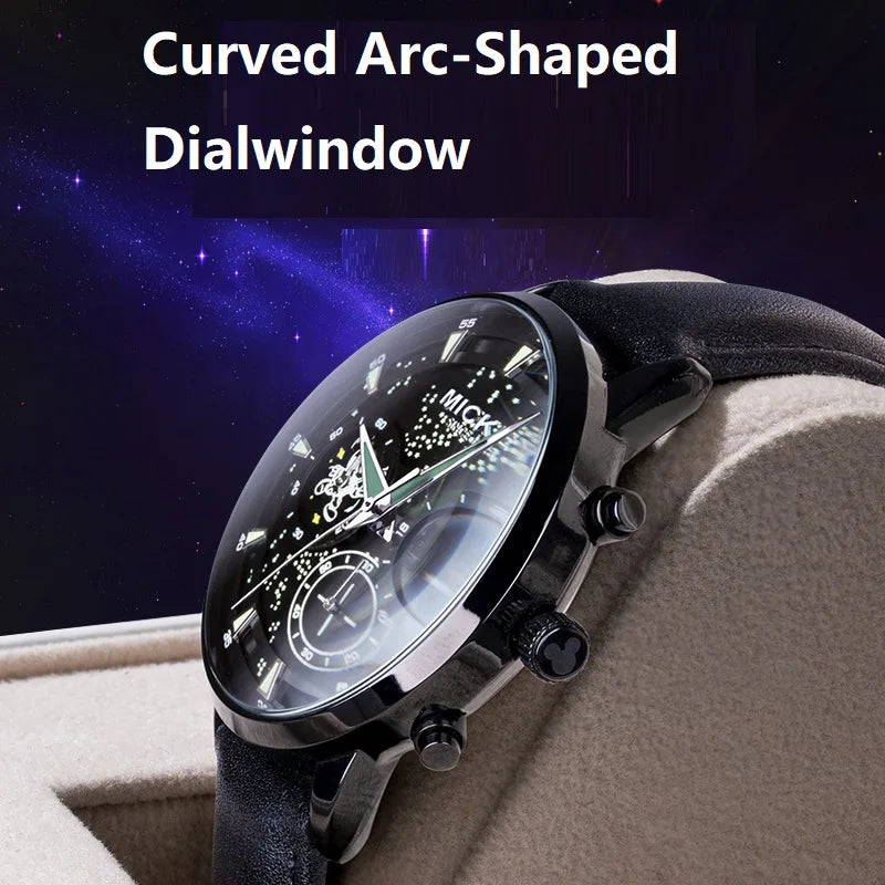 Disney For Mens Watch Mickey Mouse Galaxy Sky Dial Male Quartz Wristwatch Moon Phase Curved Arc Dialwindow Male New Reloj Hombre