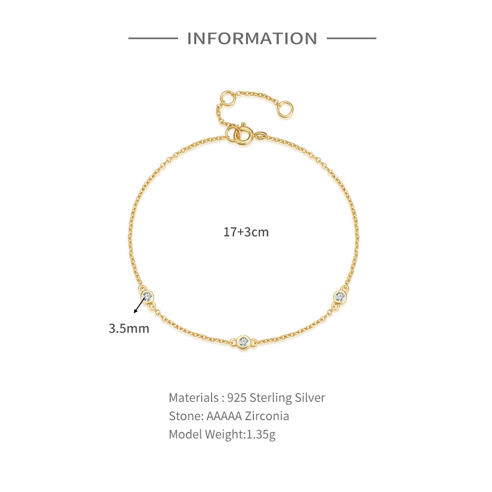 Aide 925 Sterling Silver Three Round Zircon Bracelet For Women Minimalist Charm Luxury Jewelry Adjustable Gold Chain Daily Life