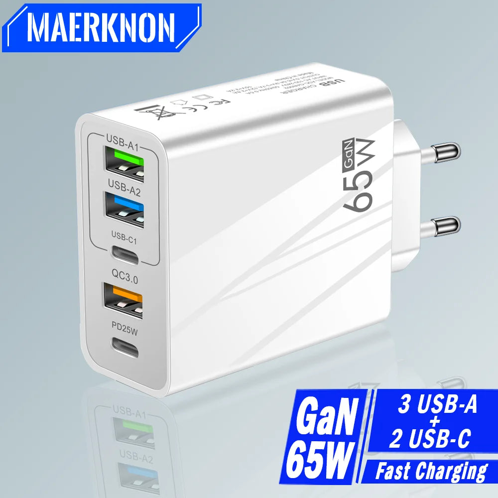 65W GaN USB 充电器 PD 快速充电 Type C 手机适配器适用于 iPhone 15 华为快速充电 3.0 欧盟/美国插头壁式充电器