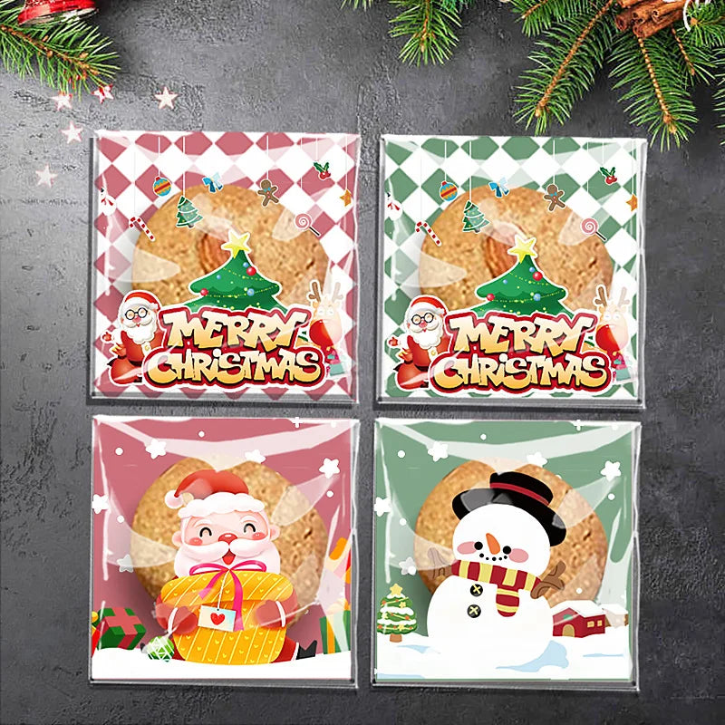 100pcs Christmas Cookie Candy Bags Self Adhesive Gift Packaging Biscuit Snack Bag New Year 2024 Noel Navidad Xmas Party decor