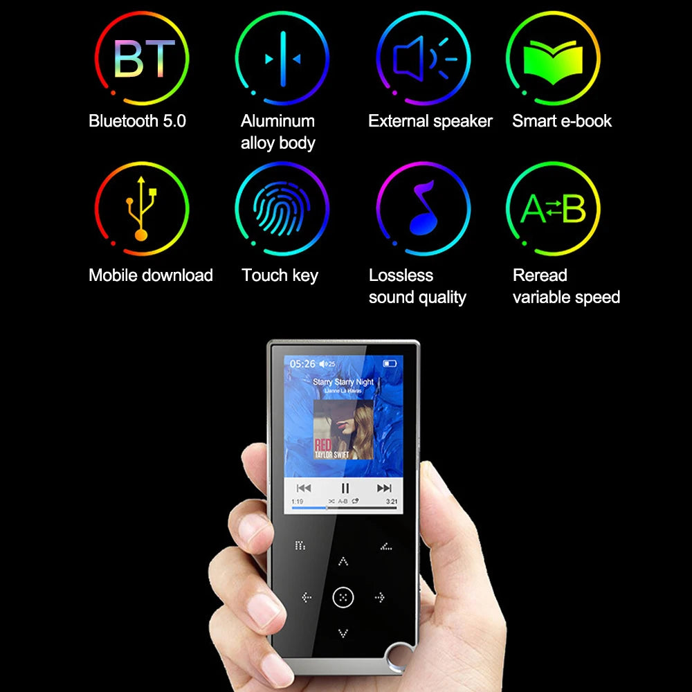 全新蓝牙 5.0 无损 MP3 音乐播放器 HiFi 便携式音频随身听，带 FM/电子书/录音机/MP4 视频播放器 2.4 英寸屏幕