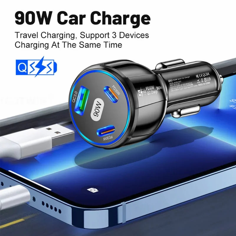 90W QC3.0 PD Type C USB Car Charger 3-in-1 Fast Charging for IPhone 14 Xiaomi Samsung Charger Cigarette Lighter Adapter Charger