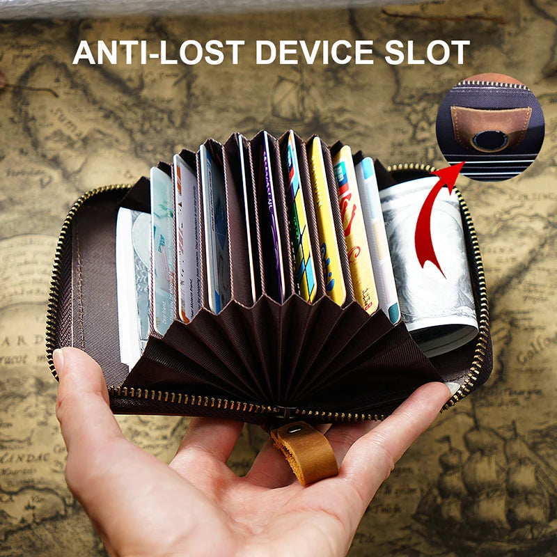 Top Layer Cowhide Airtag Card Bag Retro Genuine Leather RFID Blocking Credit Card Holder Anti-lost Men Women Coin Purse