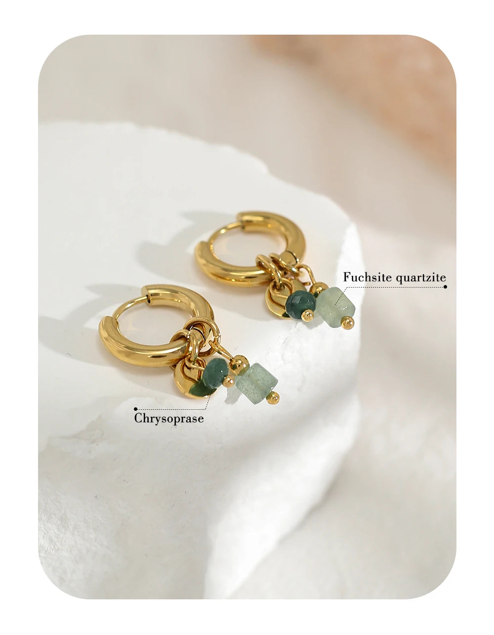 Bulbusbow 18K Gold Plated Stainless Steel Hoop Earrings | Vintage Green Natural Stone Charms