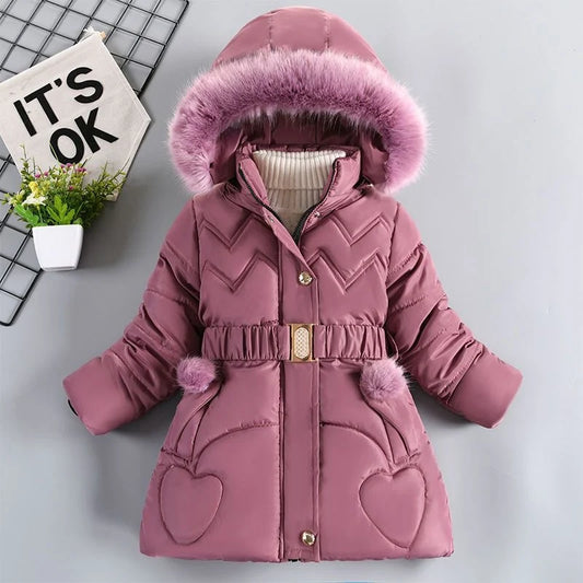 Autumn Winter Kids Girls Long Sleeve Jacket Plush Collar Hooded Padded Lining Coat For Children Warm Thicken Outwear 3 To 10 Yrs