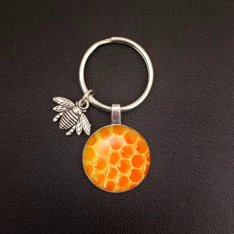 Cute Insect Bee Keychain Fashion Geometric Honeycomb Honey Bee 3D Printed Glass Dome Key Ring Chain Bumble Bee Trinkets