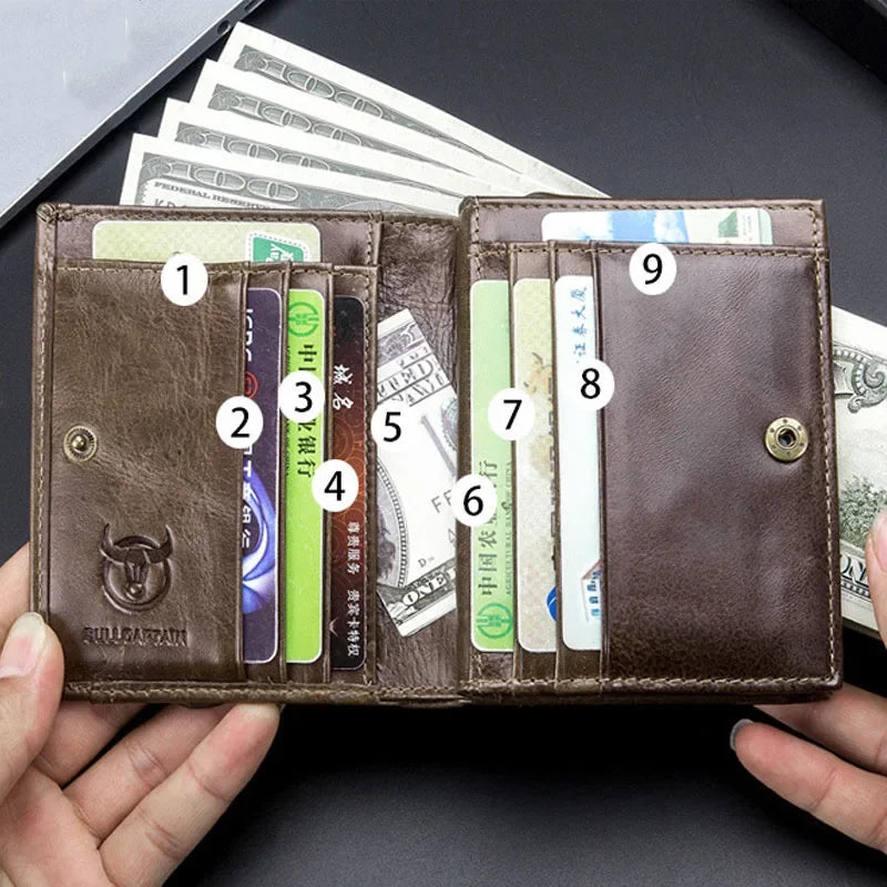 Vintage RFID Men's Wallet Cowskin Genuine Leather Short Wallets Male Cowhide Zipper Coin Pocket Man Purse with Card Holder